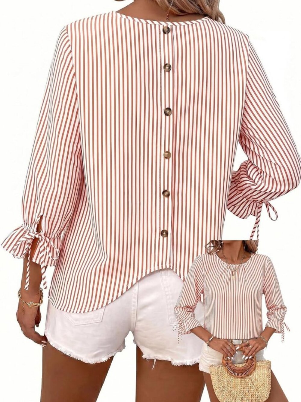 Summer Striped Crewneck Blouse for Women | 3/4 Tie Sleeve Top with Button Detail